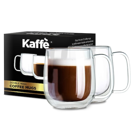 Kaffe 10oz Glass Coffee Mugs. Double-Wall Borosilicate Glass Coffee Cups Set of 2 (Two) KF4041